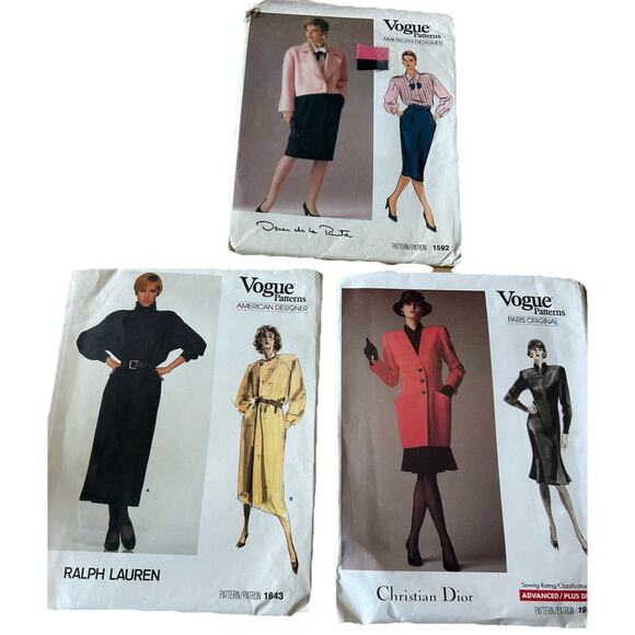 3 VTG Vogue 80s Sew Patterns Ralph Lauren 1643, Oscar D La Renta 1592, Dior 1948 - Picture 1 of 12